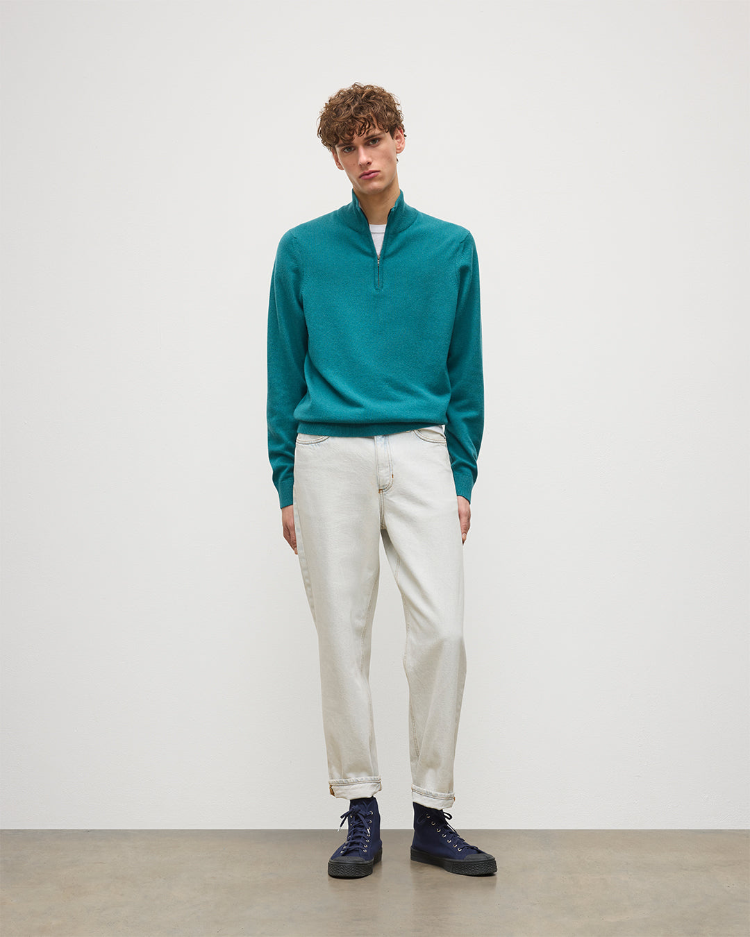 Johnstons of Elgin - Rory Green & Grey Classic Cashmere Contrast Zip Neck Jumper