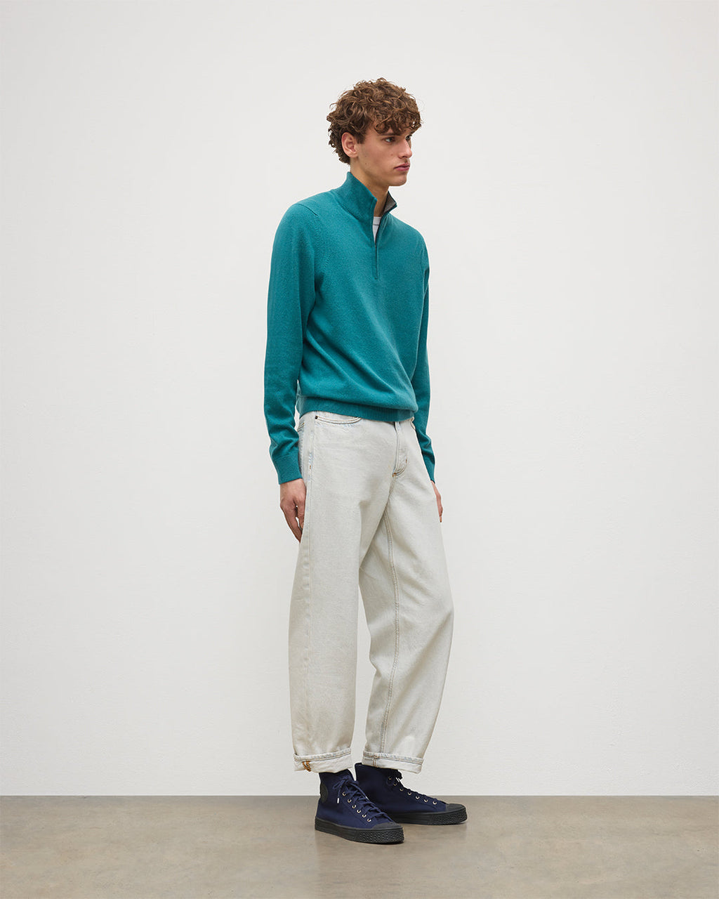 Johnstons of Elgin - Rory Green & Grey Classic Cashmere Contrast Zip Neck Jumper