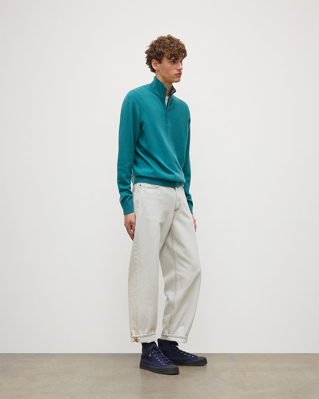 Johnstons of Elgin - Rory Green & Grey Classic Cashmere Contrast Zip Neck Jumper