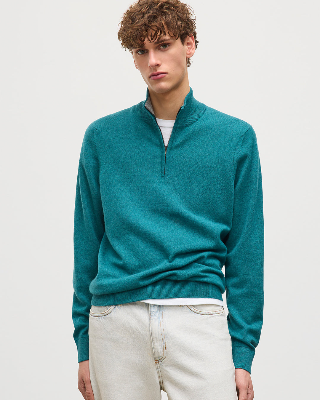 Johnstons of Elgin - Rory Green & Grey Classic Cashmere Contrast Zip Neck Jumper
