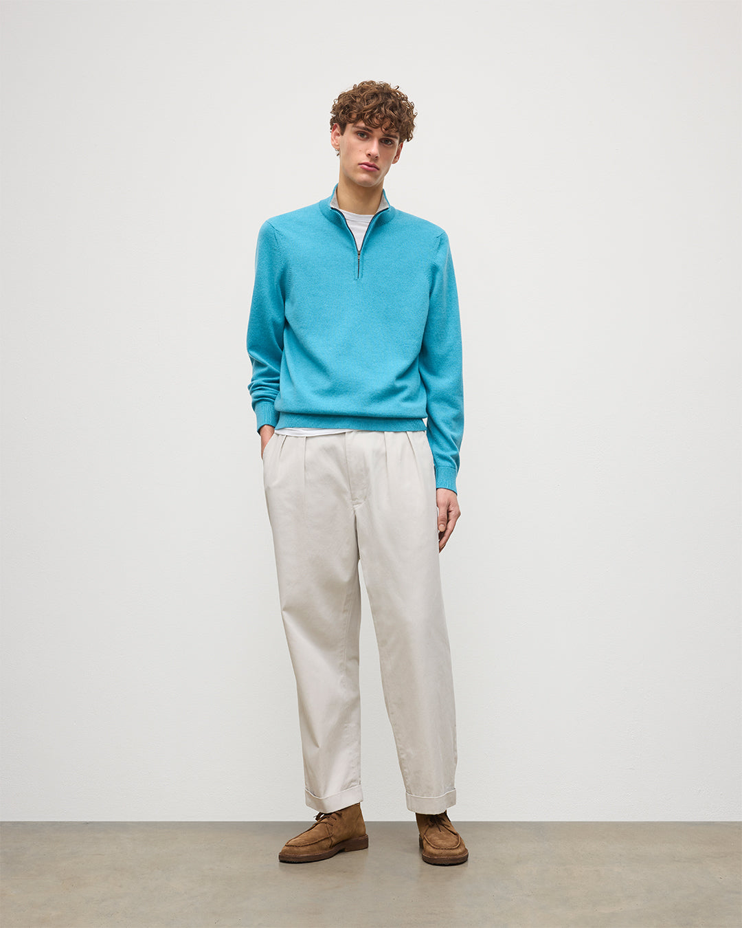 Johnstons of Elgin - Rory Blue & Grey Classic Cashmere Contrast Zip Neck Jumper