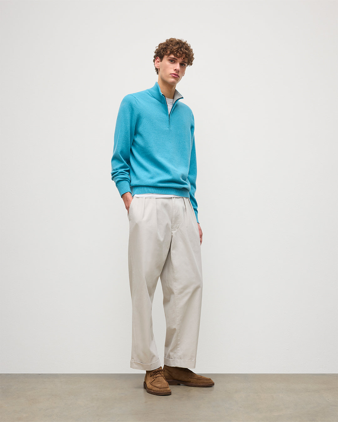 Johnstons of Elgin - Rory Blue & Grey Classic Cashmere Contrast Zip Neck Jumper