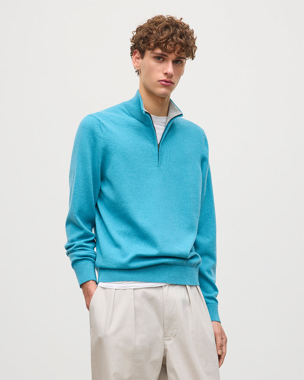 Johnstons of Elgin - Rory Blue & Grey Classic Cashmere Contrast Zip Neck Jumper
