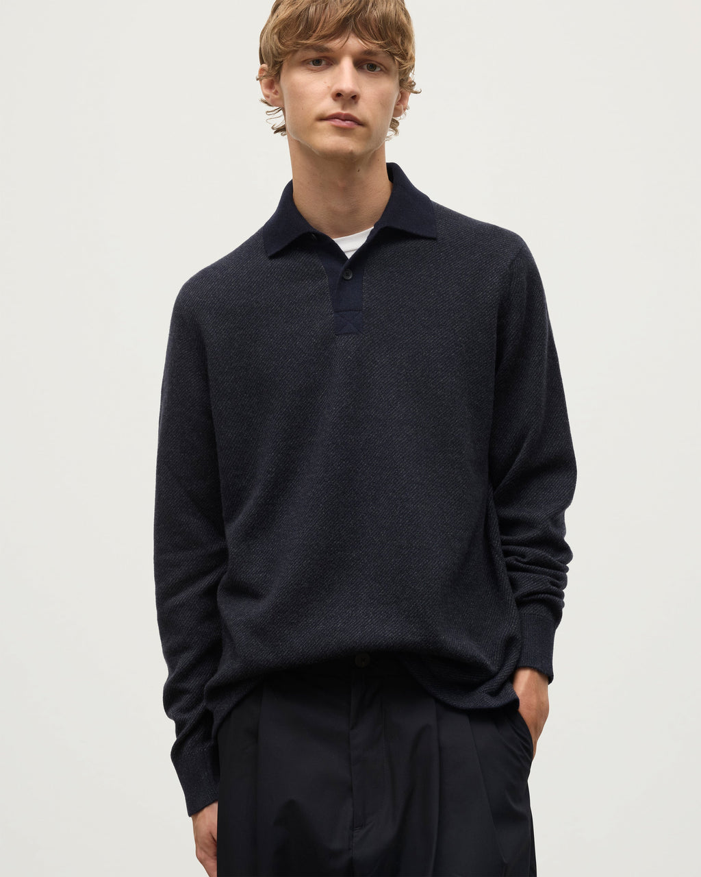 Johnstons of Elgin - Tweel Navy & Grey Cashmere Rugby Shirt