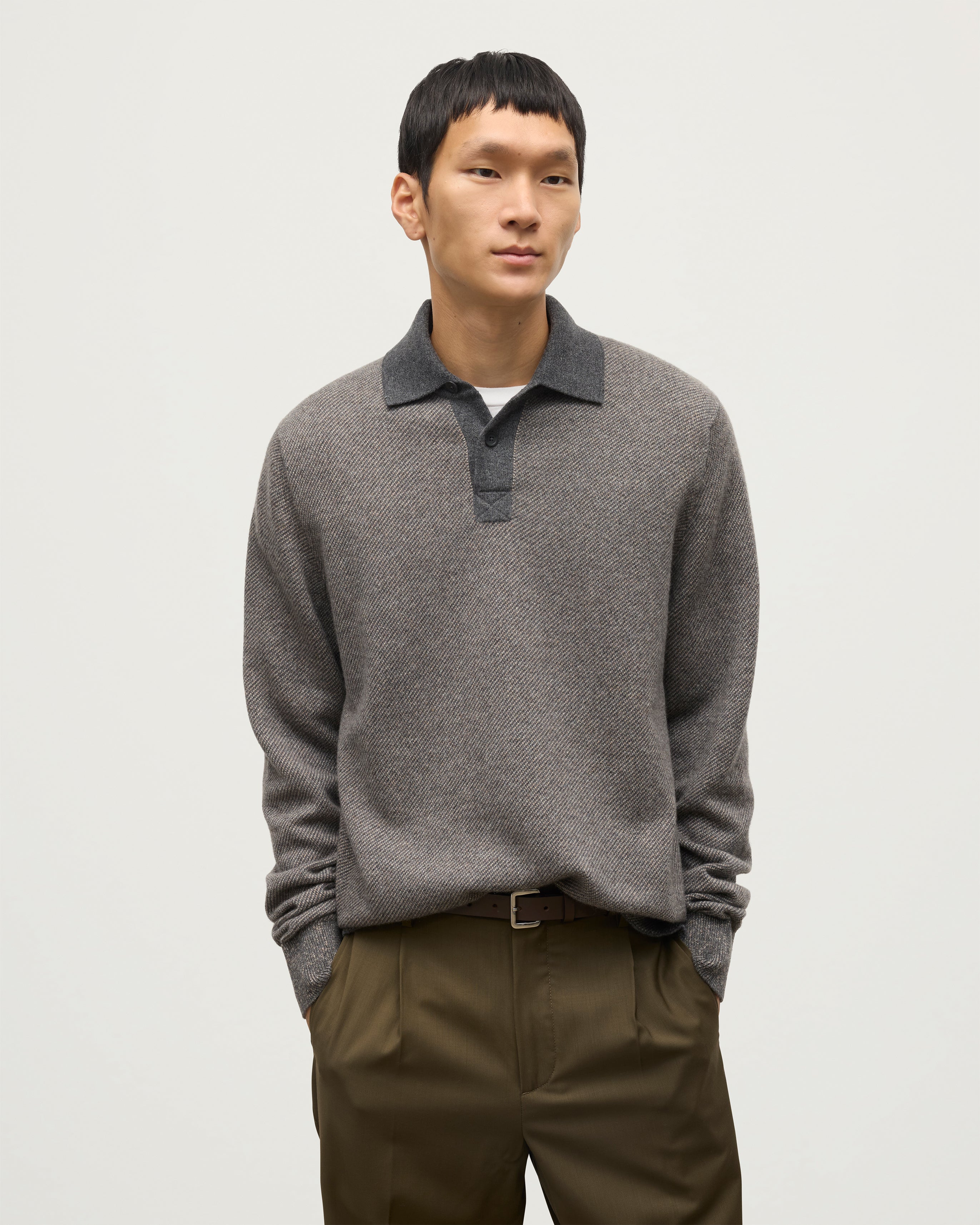Johnstons of Elgin - Tweel Grey & Brown Cashmere Rugby Shirt