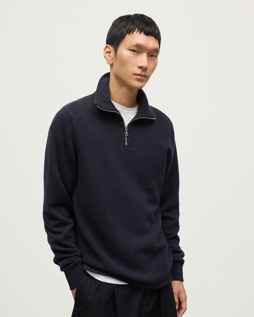 Johnstons of Elgin - Tweel Navy & Grey Cashmere Half Zip Jumper