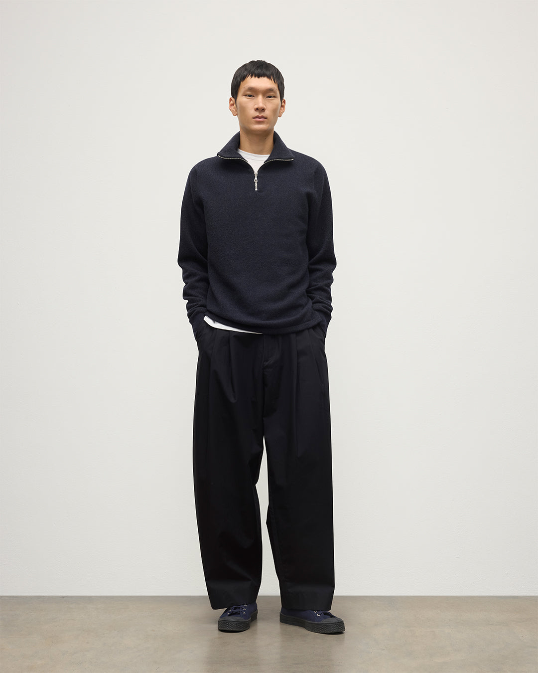 Johnstons of Elgin - Tweel Navy & Grey Cashmere Half Zip Jumper