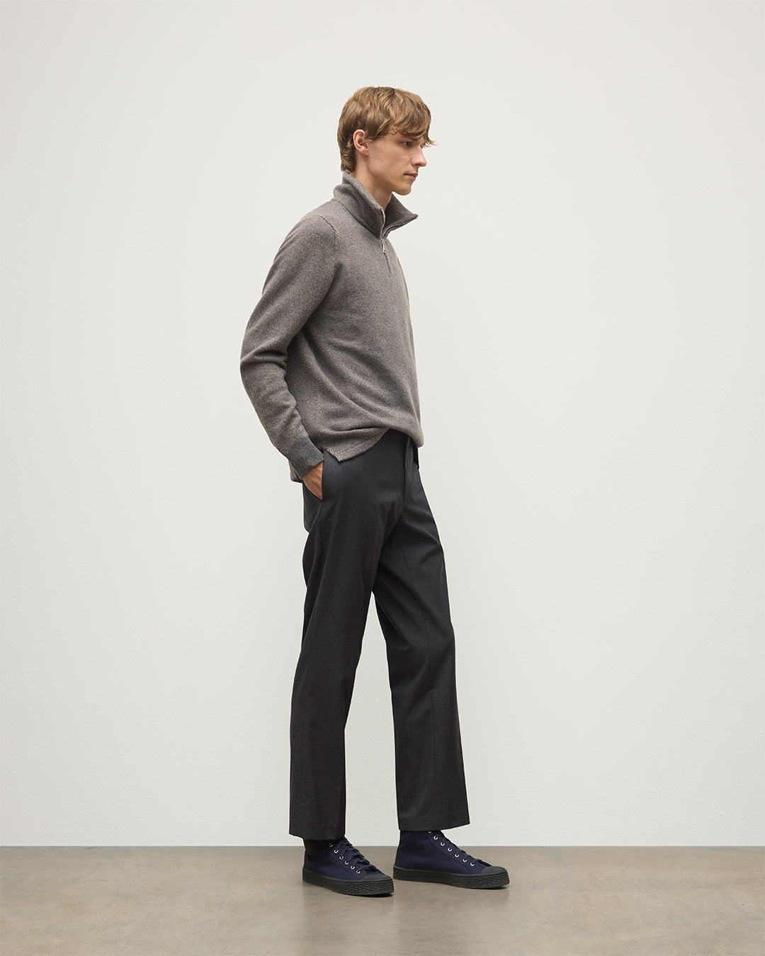 Johnstons of Elgin - Tweel Grey & Brown Cashmere Half Zip Jumper