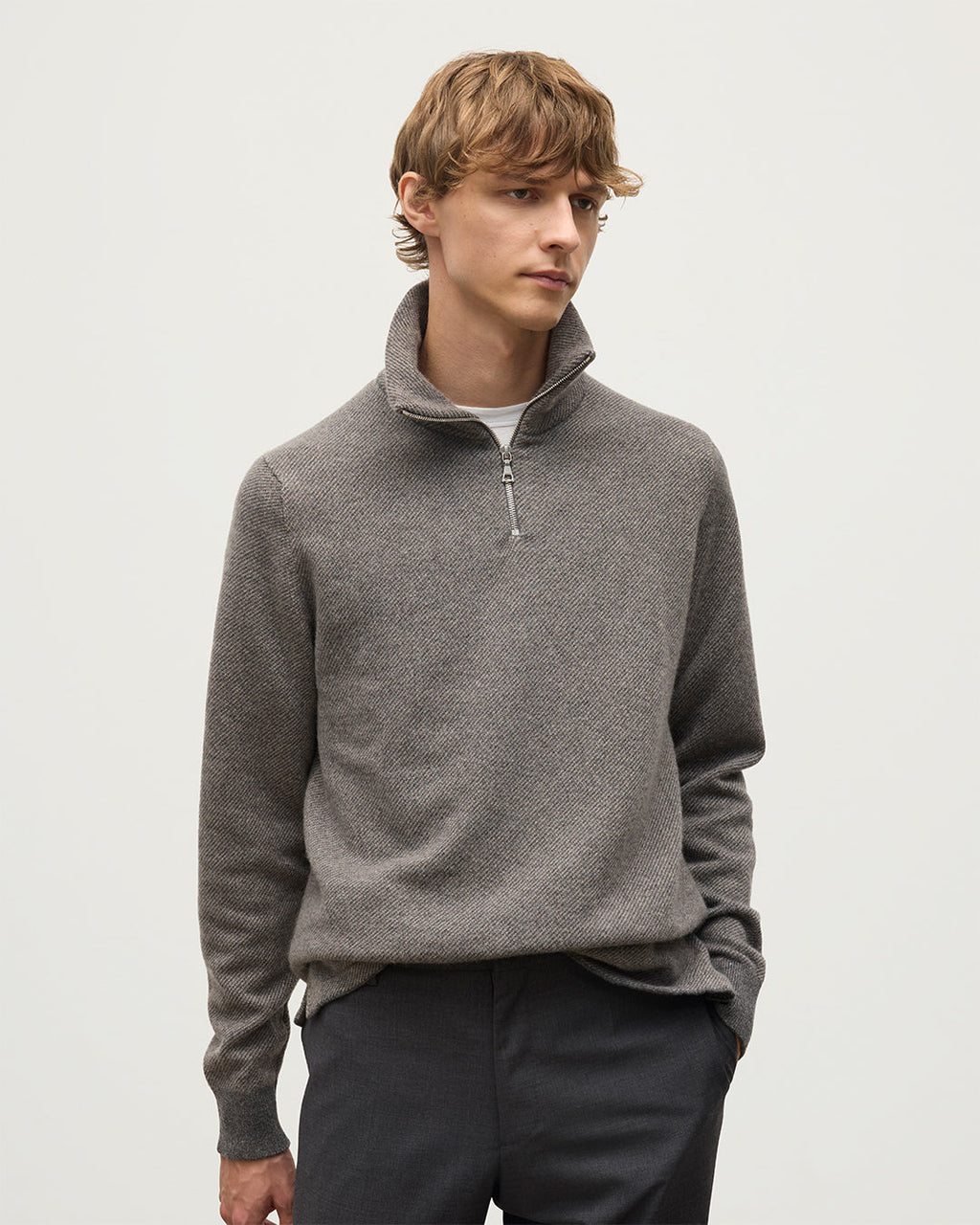 Johnstons of Elgin - Tweel Grey & Brown Cashmere Half Zip Jumper