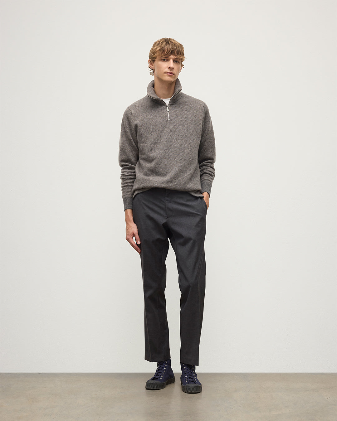 Johnstons of Elgin - Tweel Grey & Brown Cashmere Half Zip Jumper