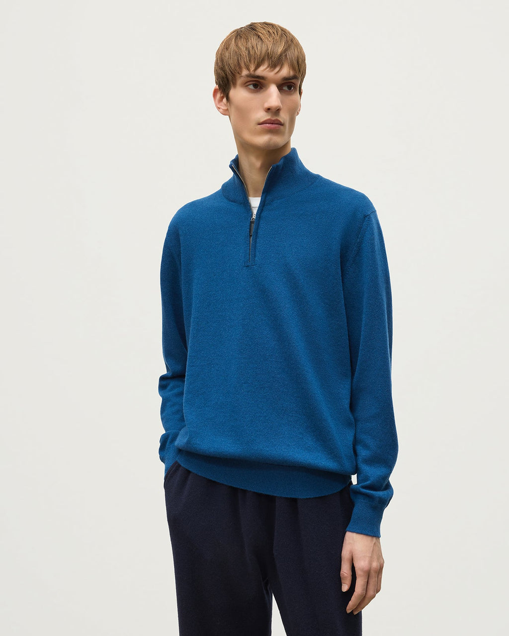Johnstons of Elgin - Reuben Blue Cashmere Zip Neck Jumper