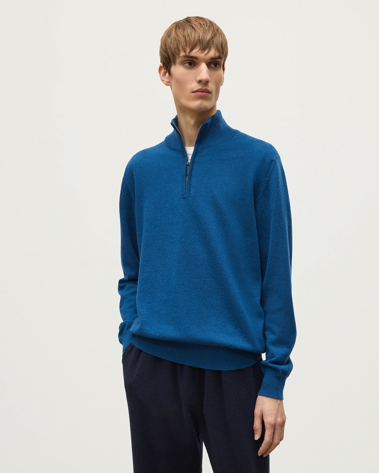 Johnstons of Elgin - Reuben Blue Cashmere Zip Neck Jumper