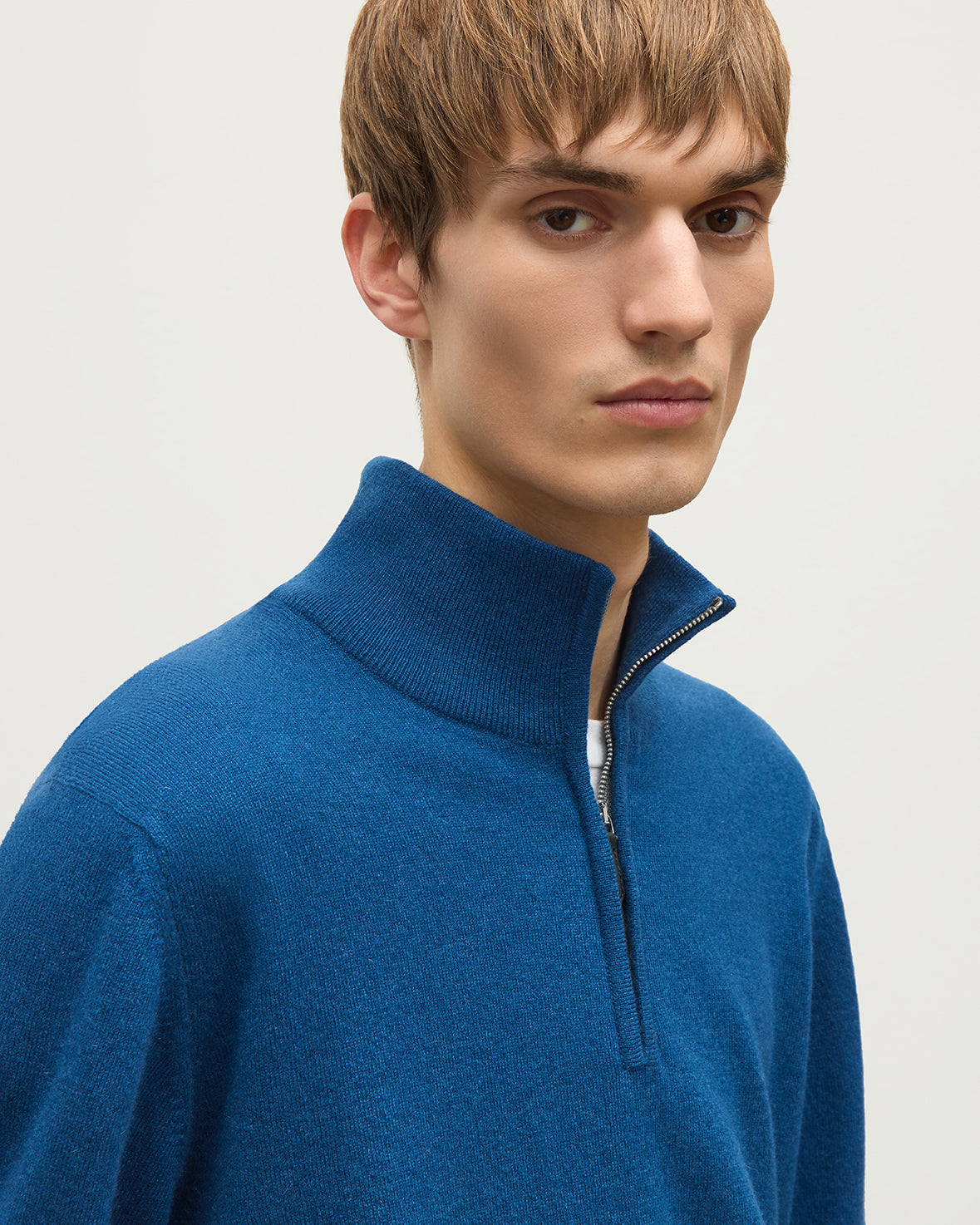 Johnstons of Elgin - Reuben Blue Cashmere Zip Neck Jumper