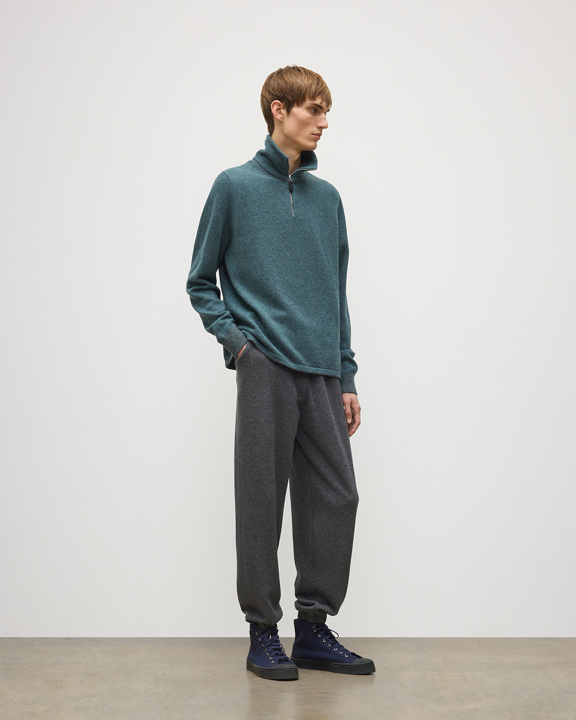 Johnstons of Elgin - Tweel Grey & Green Cashmere Half Zip Jumper