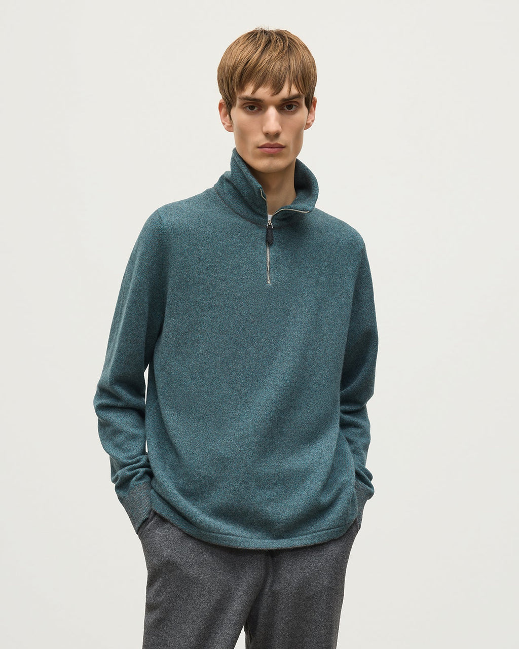 Johnstons of Elgin - Tweel Grey & Green Cashmere Half Zip Jumper