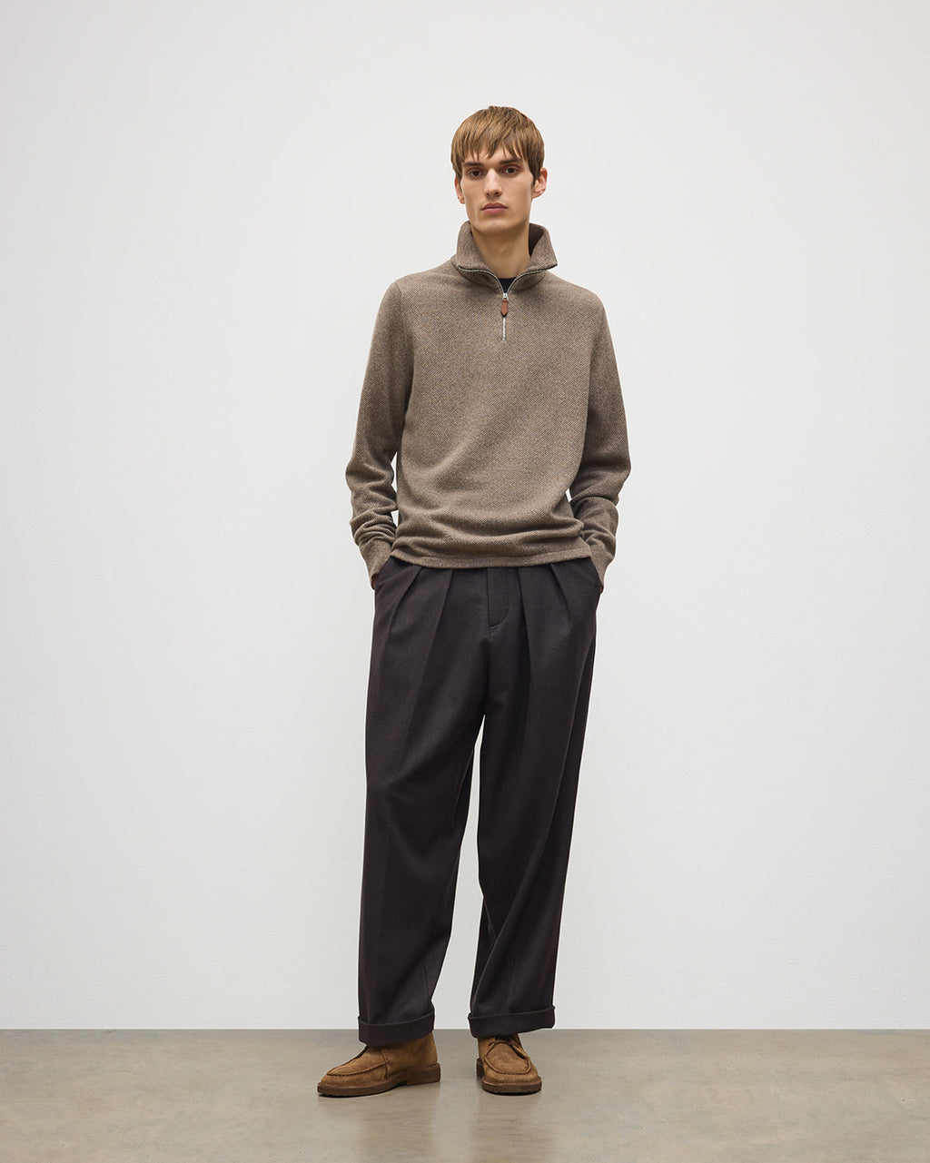 Johnstons of Elgin - Tweel Brown Cashmere Half Zip Jumper