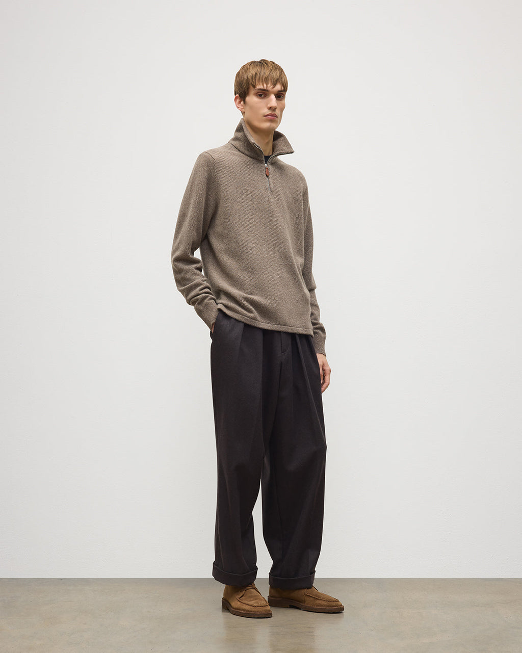 Johnstons of Elgin - Tweel Brown Cashmere Half Zip Jumper