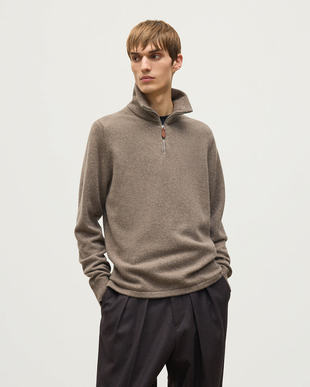 Johnstons of Elgin - Tweel Brown Cashmere Half Zip Jumper