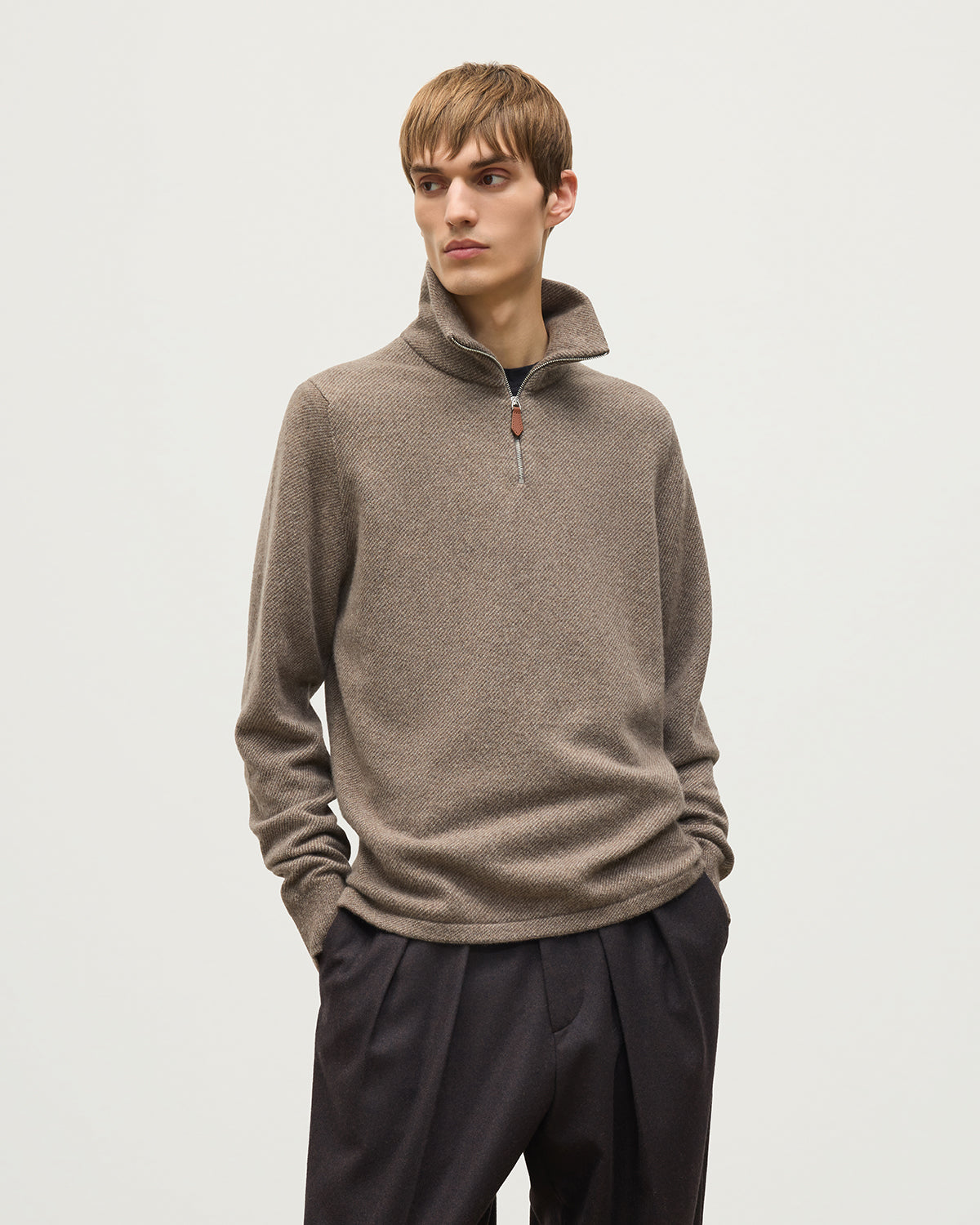 Johnstons of Elgin - Tweel Brown Cashmere Half Zip Jumper