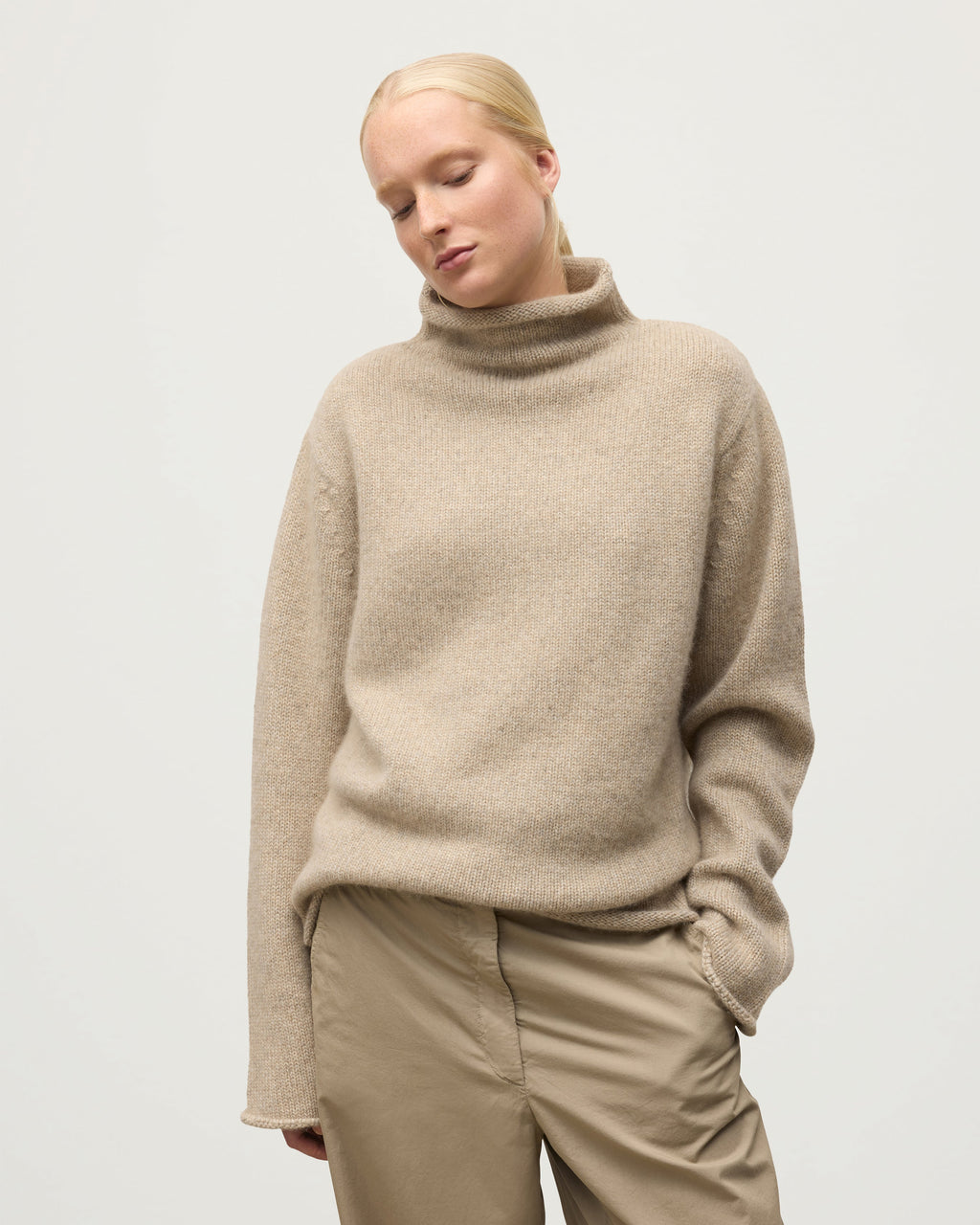 Johnstons of Elgin - Kester Natural Marl Cashmere Funnel Neck Jumper