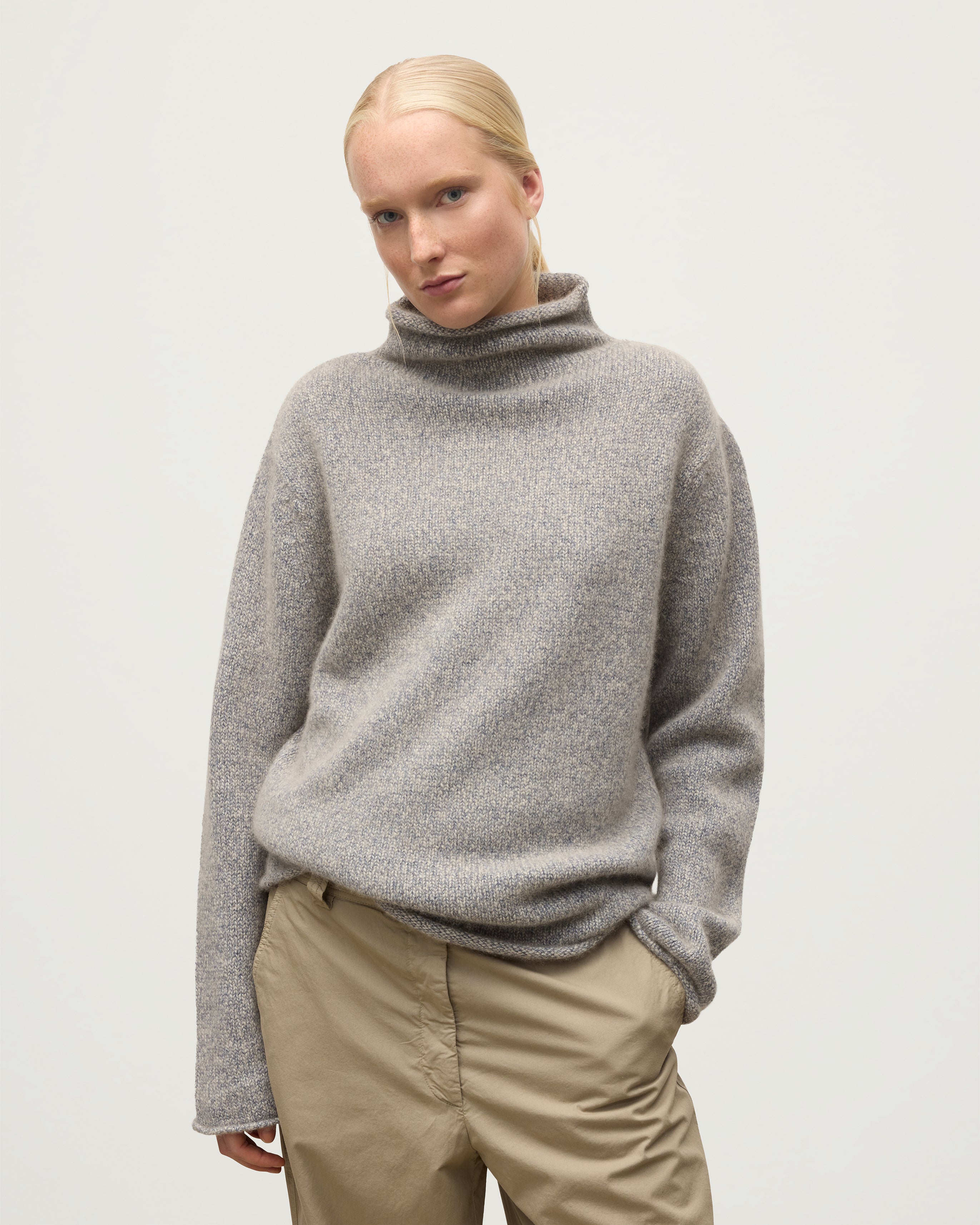 Johnstons of Elgin - Kester Blue Marl Cashmere Funnel Neck Jumper