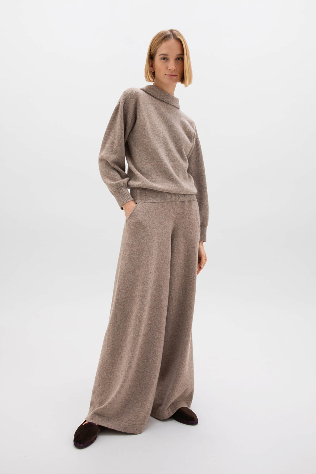 Johnstons of Elgin - Reversible Collar Light Brown Cashmere Jumper
