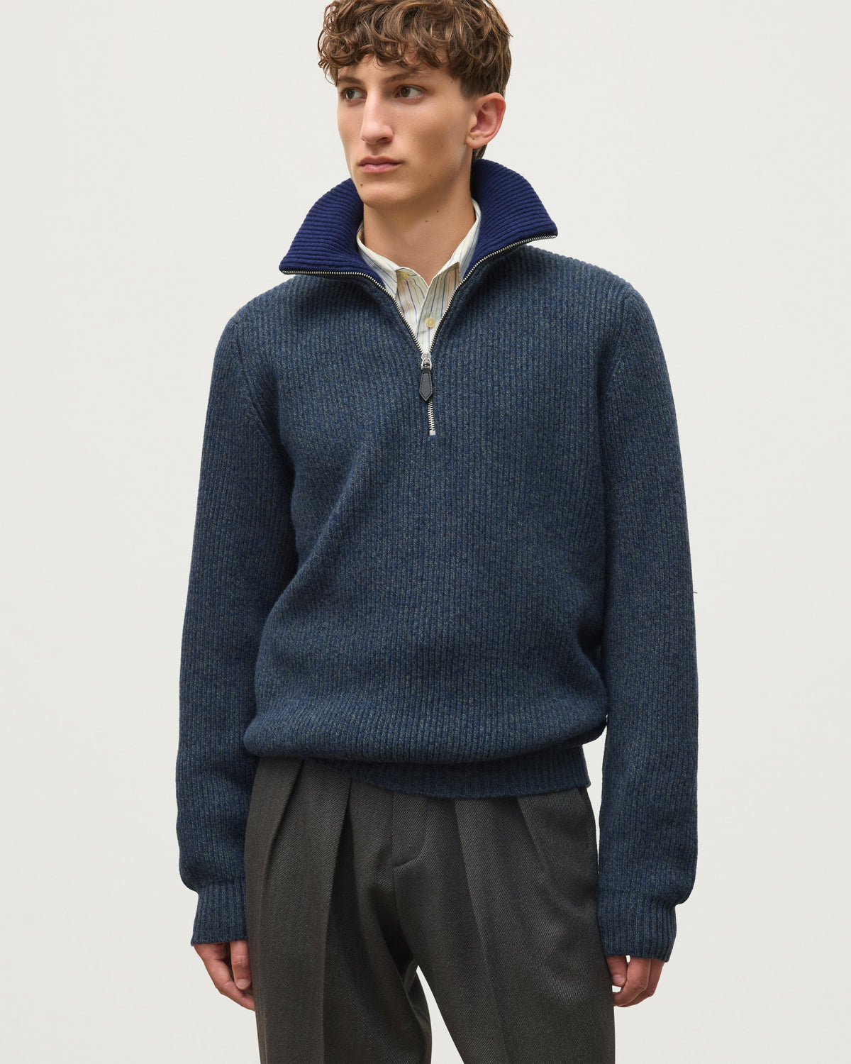 Johnstons of Elgin - Chalmers Blue Half Zip Lambswool Jumper