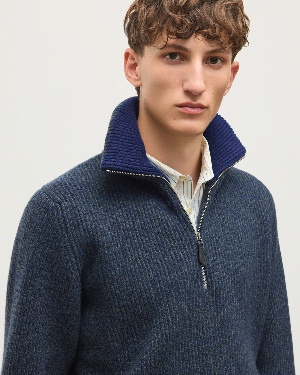 Johnstons of Elgin - Chalmers Blue Half Zip Lambswool Jumper
