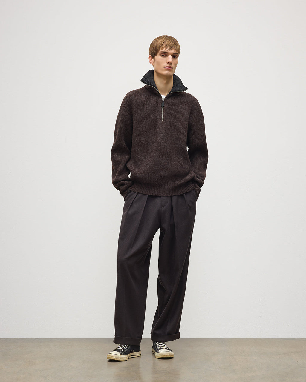 Johnstons of Elgin - Chalmers Brown & Charcoal Half Zip Lambswool Jumper