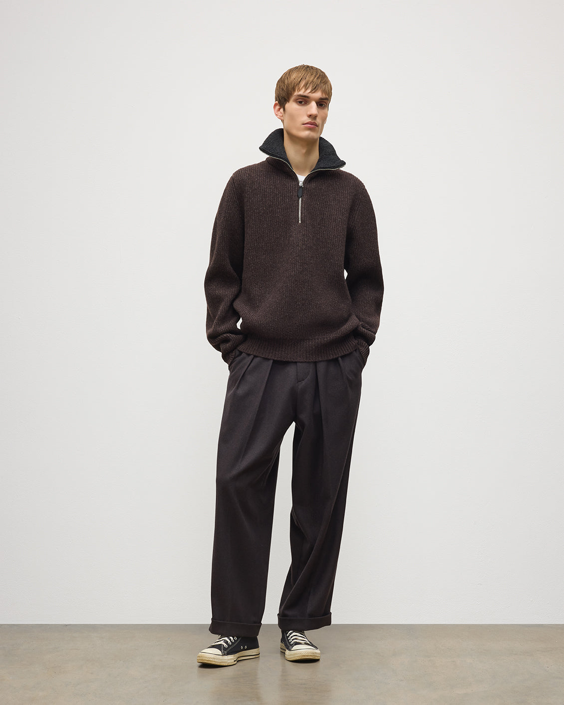 Johnstons of Elgin - Chalmers Brown & Charcoal Half Zip Lambswool Jumper