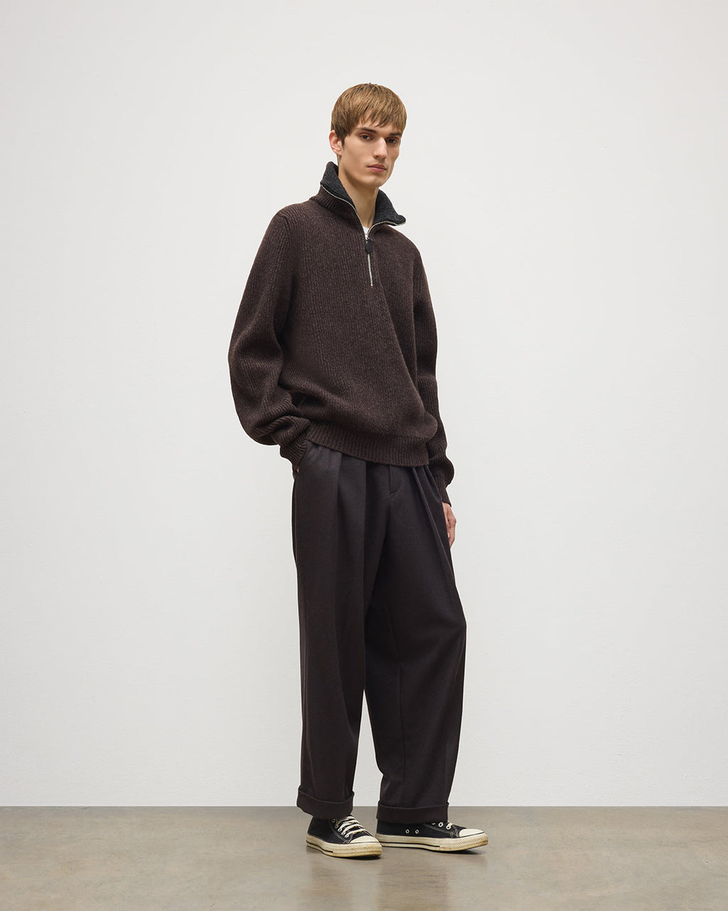 Johnstons of Elgin - Chalmers Brown & Charcoal Half Zip Lambswool Jumper
