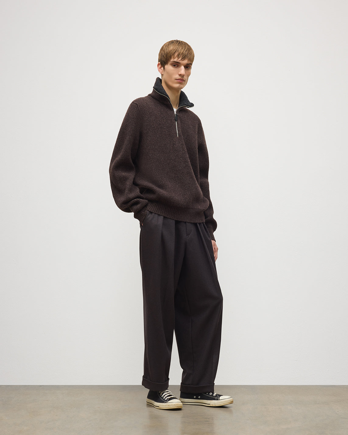 Johnstons of Elgin - Chalmers Brown & Charcoal Half Zip Lambswool Jumper