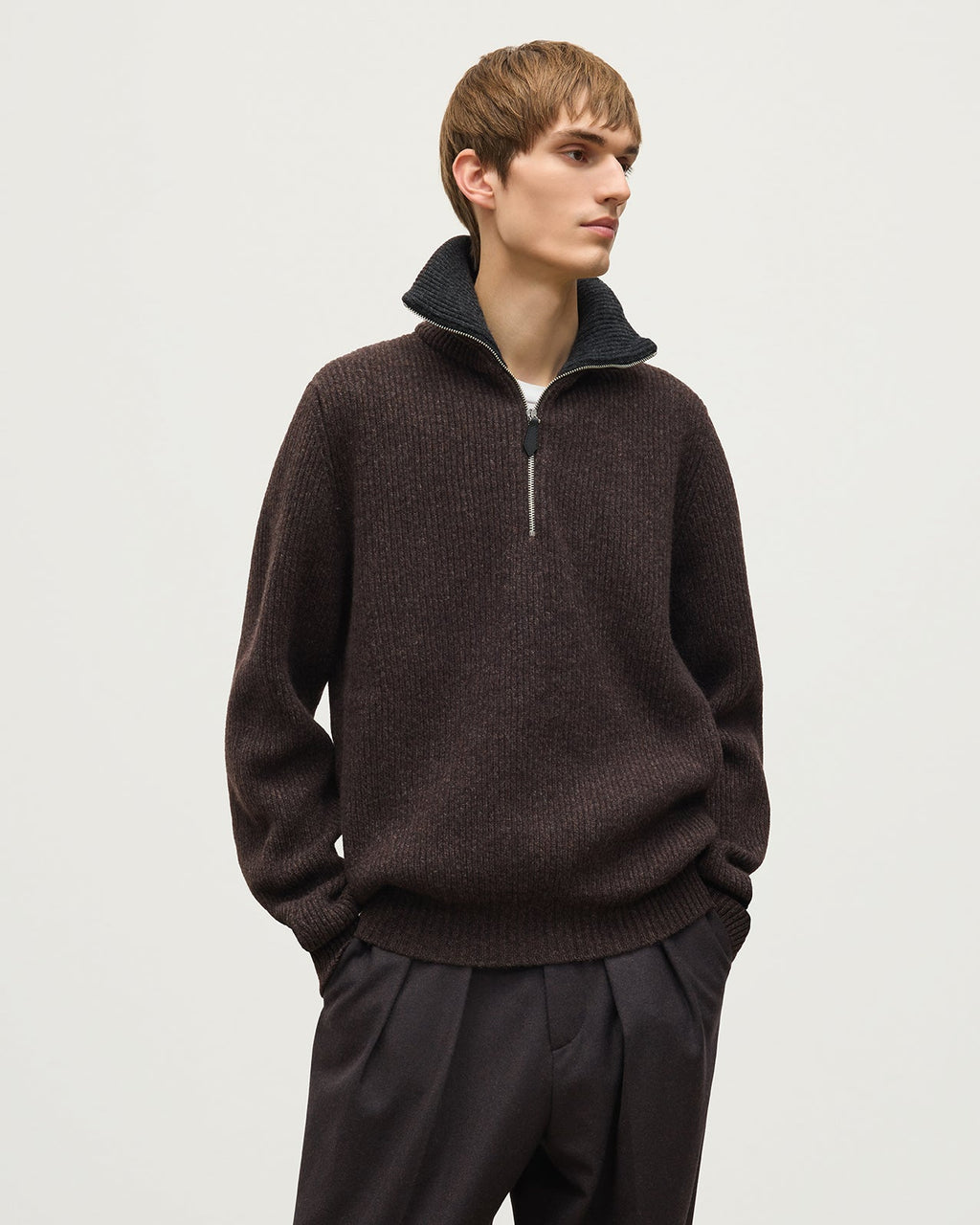 Johnstons of Elgin - Chalmers Brown & Charcoal Half Zip Lambswool Jumper