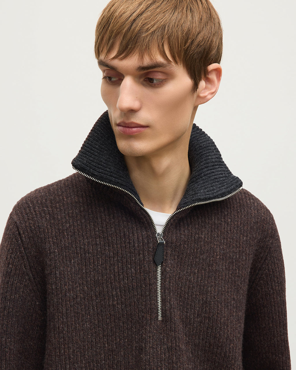 Johnstons of Elgin - Chalmers Brown & Charcoal Half Zip Lambswool Jumper