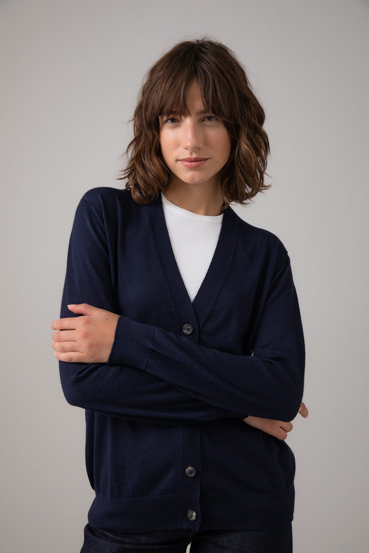 Johnstons of Elgin - Superfine Merino Wool Navy Cardigan