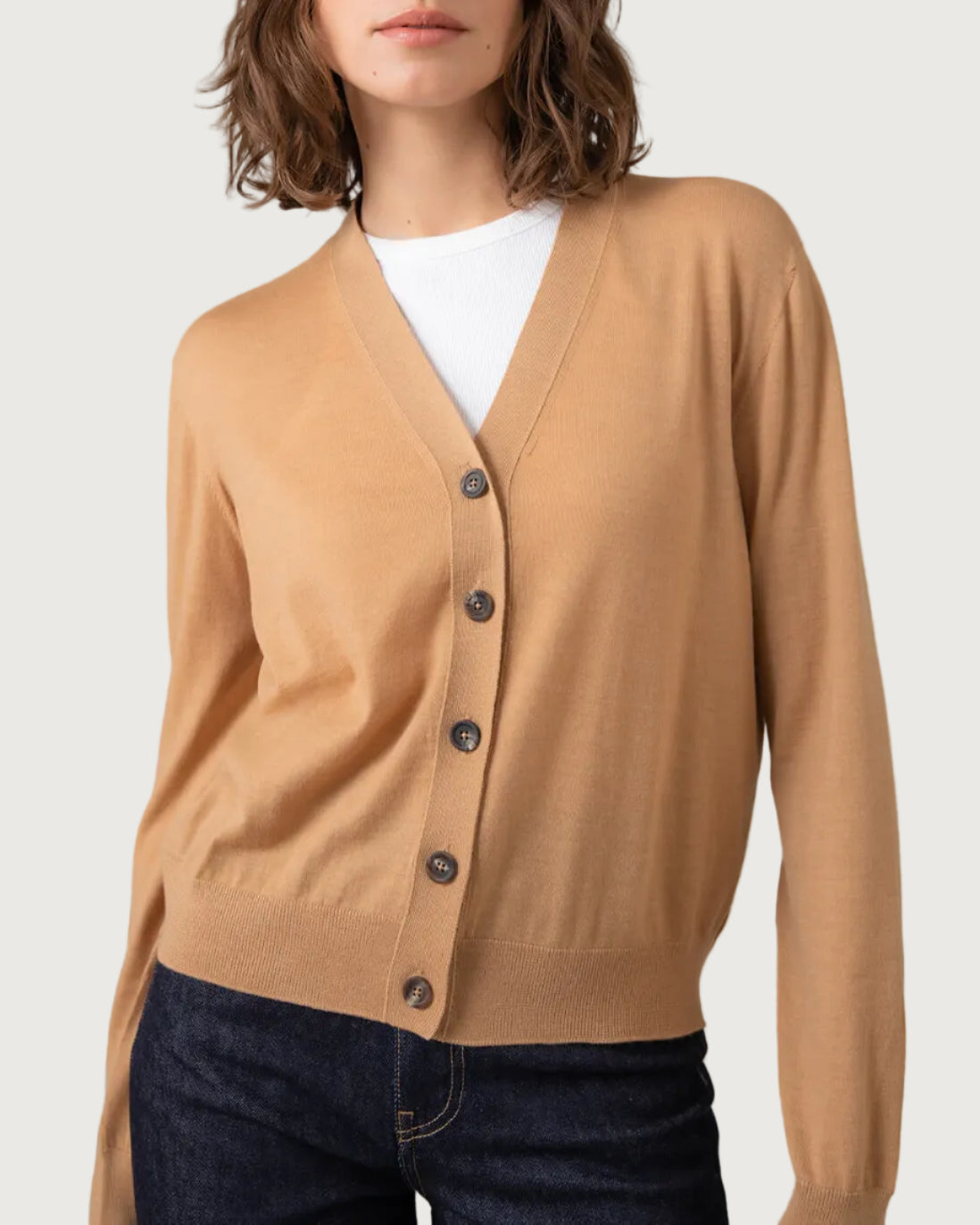 Johnstons of Elgin - Camel Superfine Merino V - Neck Cardigan