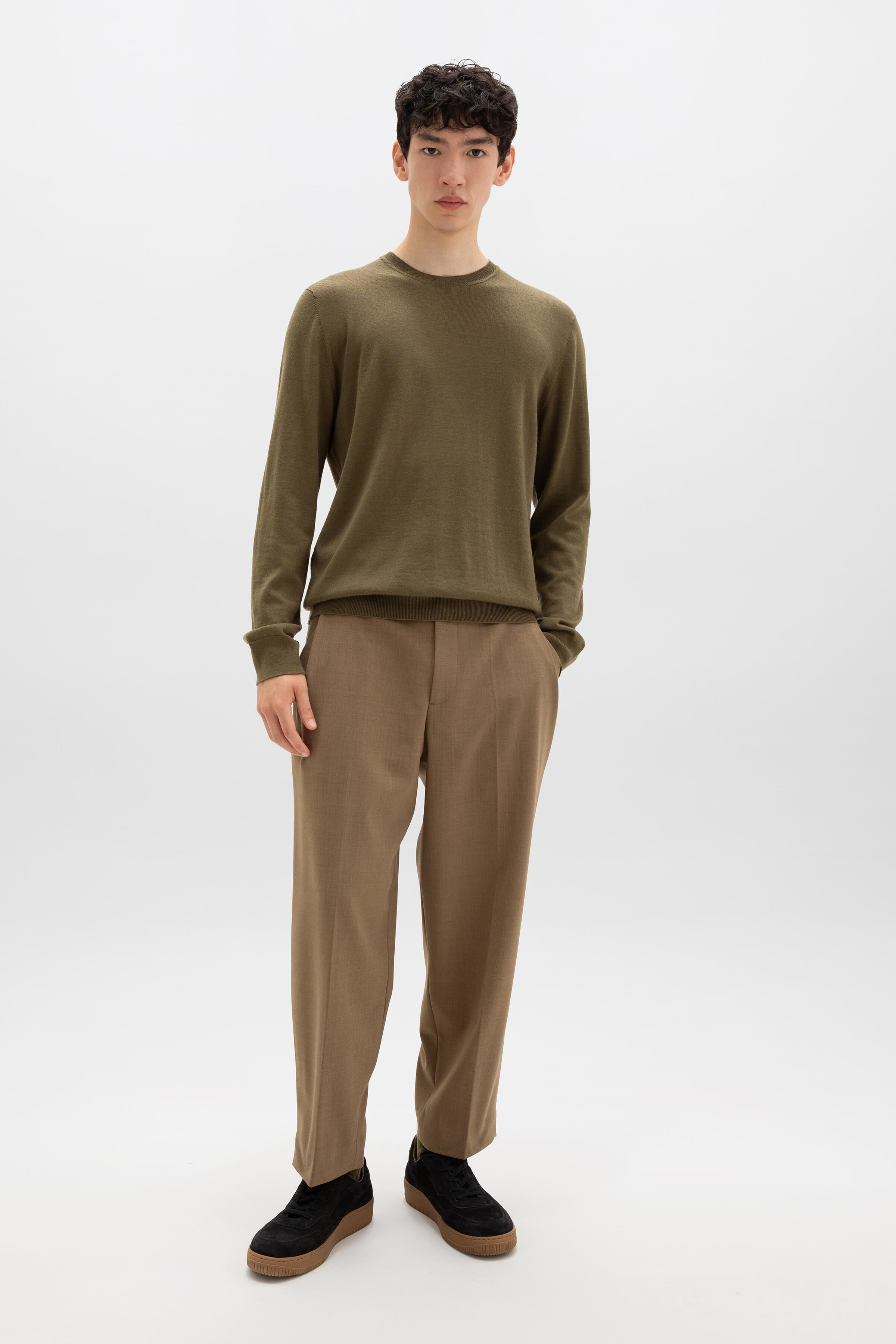 Johnstons of Elgin - Merino Round Neck Olive Green Jumper