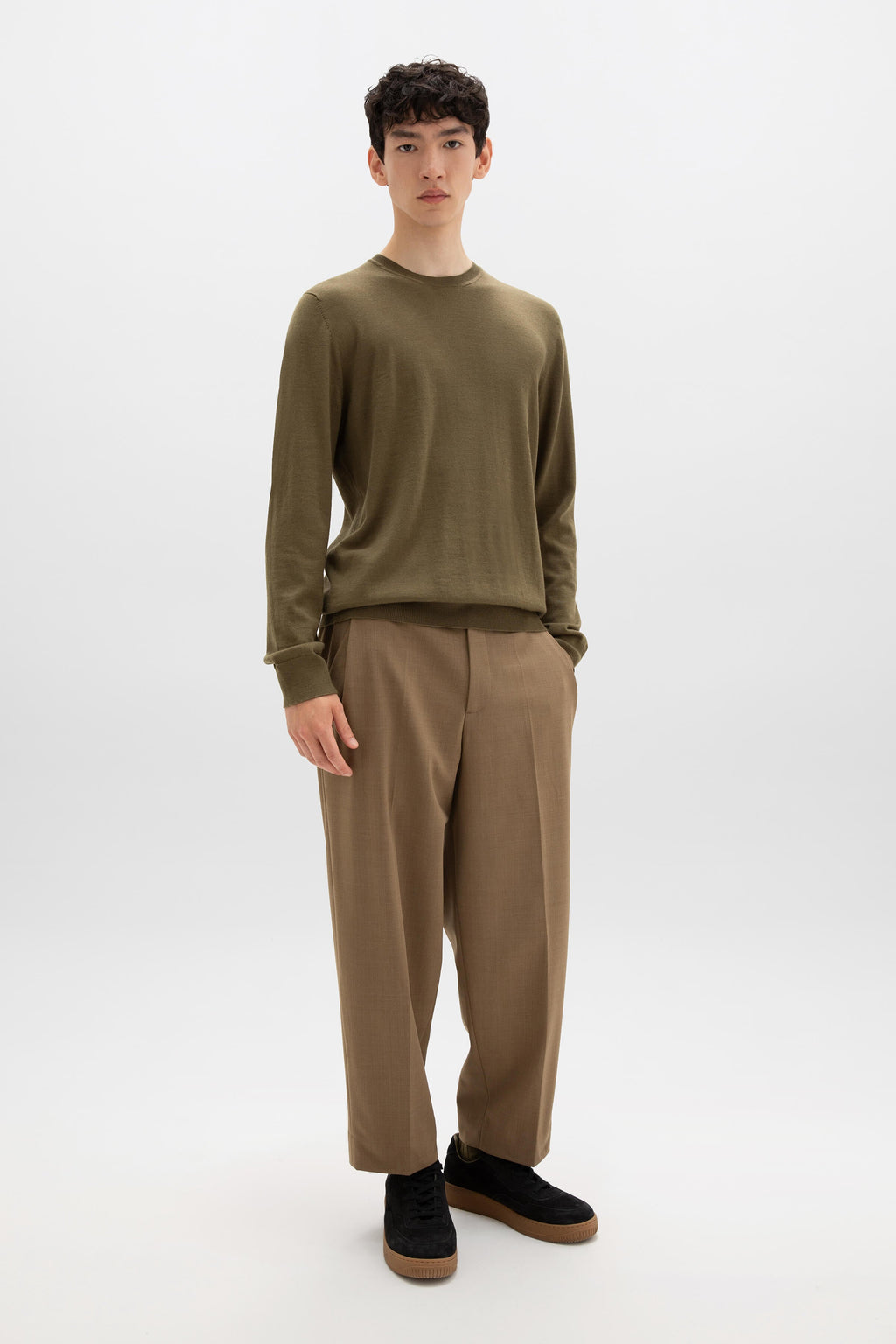 Johnstons of Elgin - Merino Round Neck Olive Green Jumper