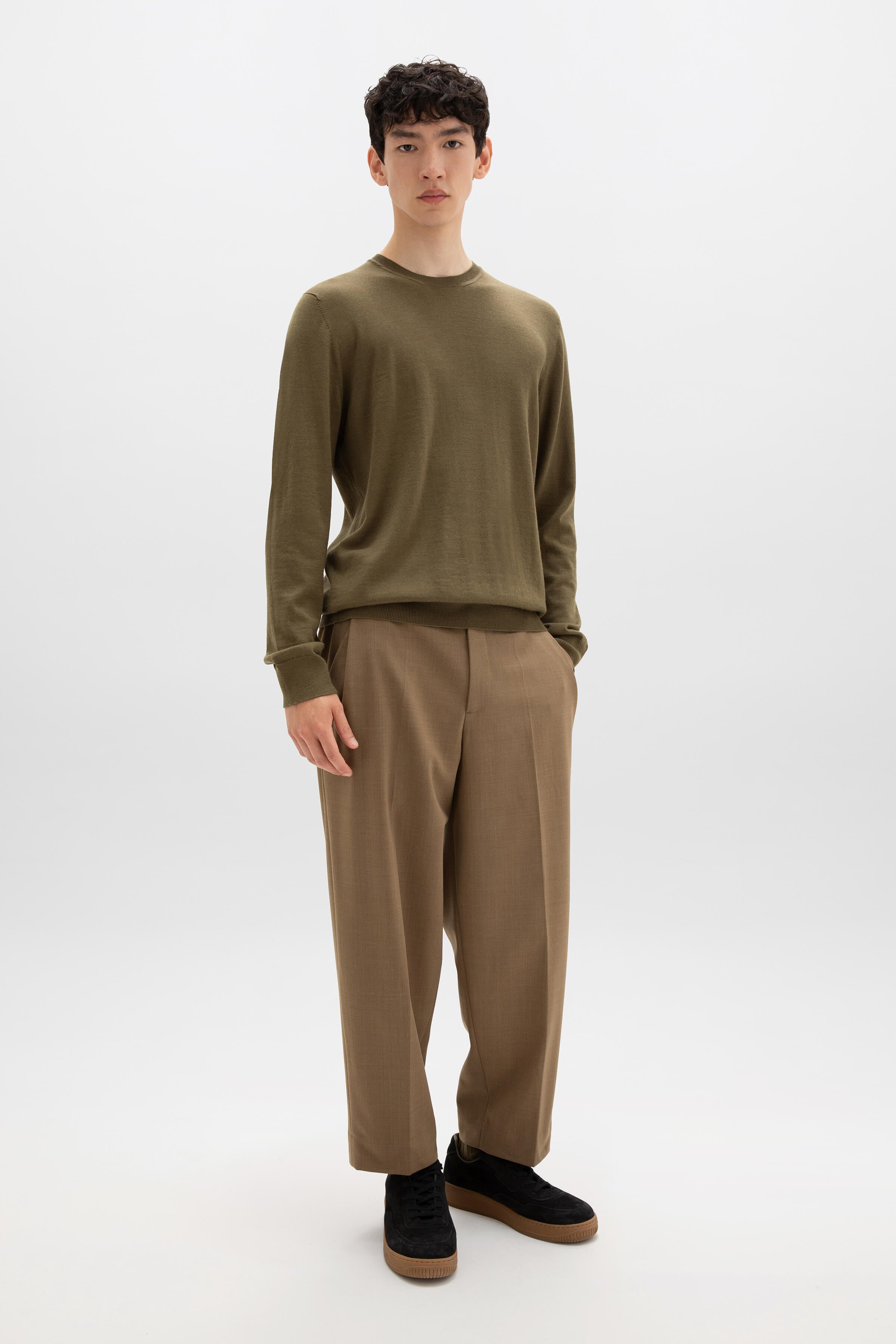 Johnstons of Elgin - Merino Round Neck Olive Green Jumper