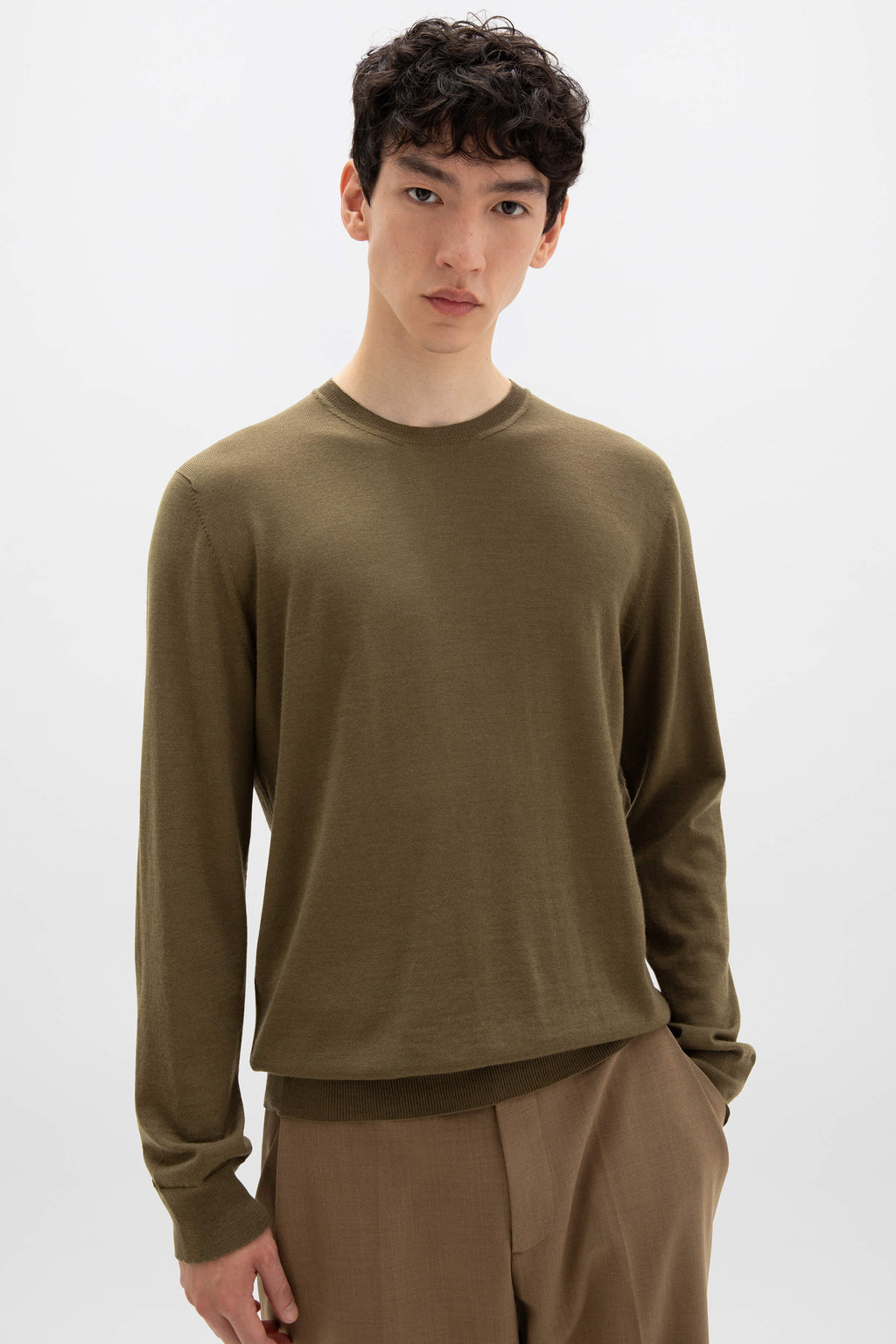 Johnstons of Elgin - Merino Round Neck Olive Green Jumper