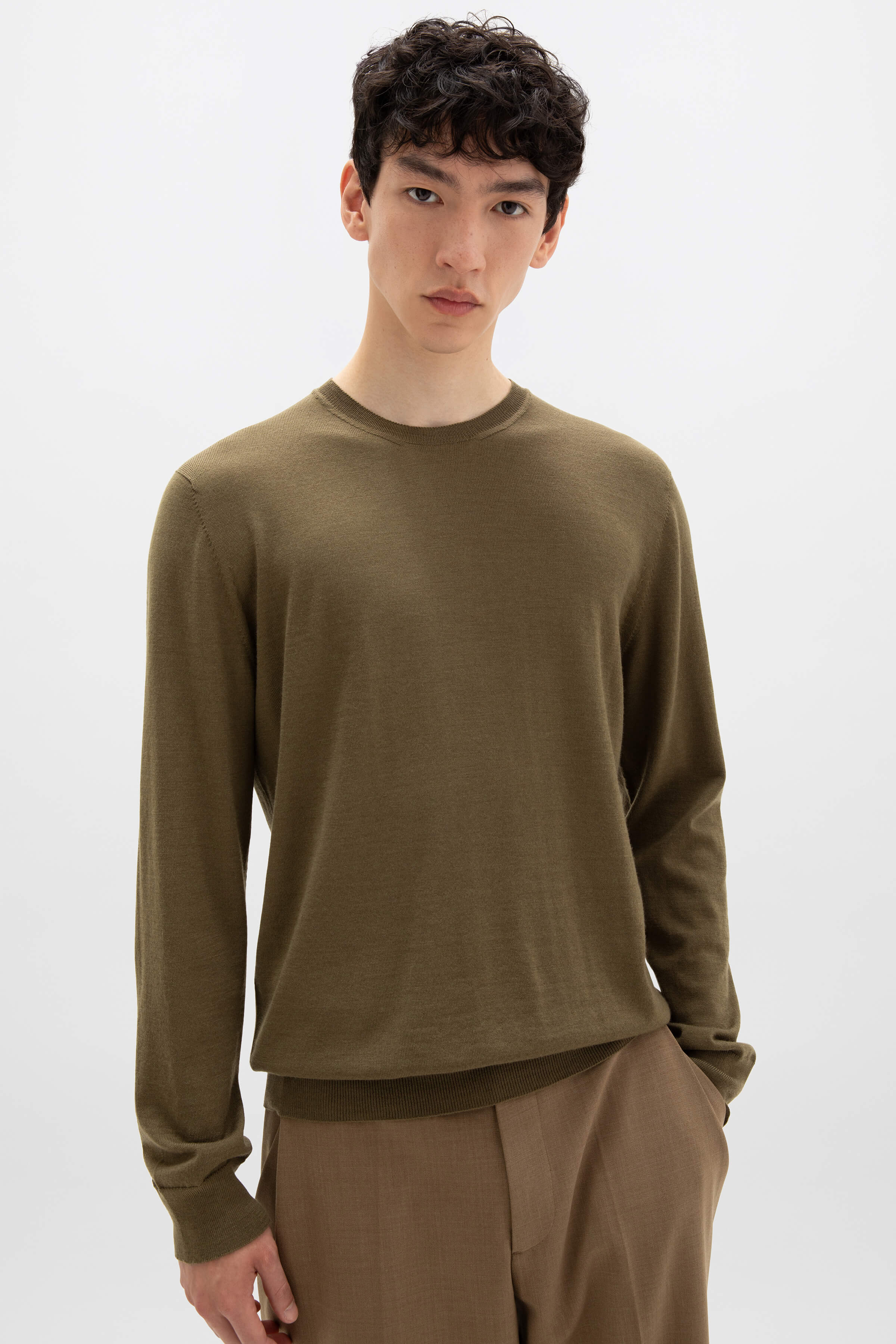 Johnstons of Elgin - Merino Round Neck Olive Green Jumper