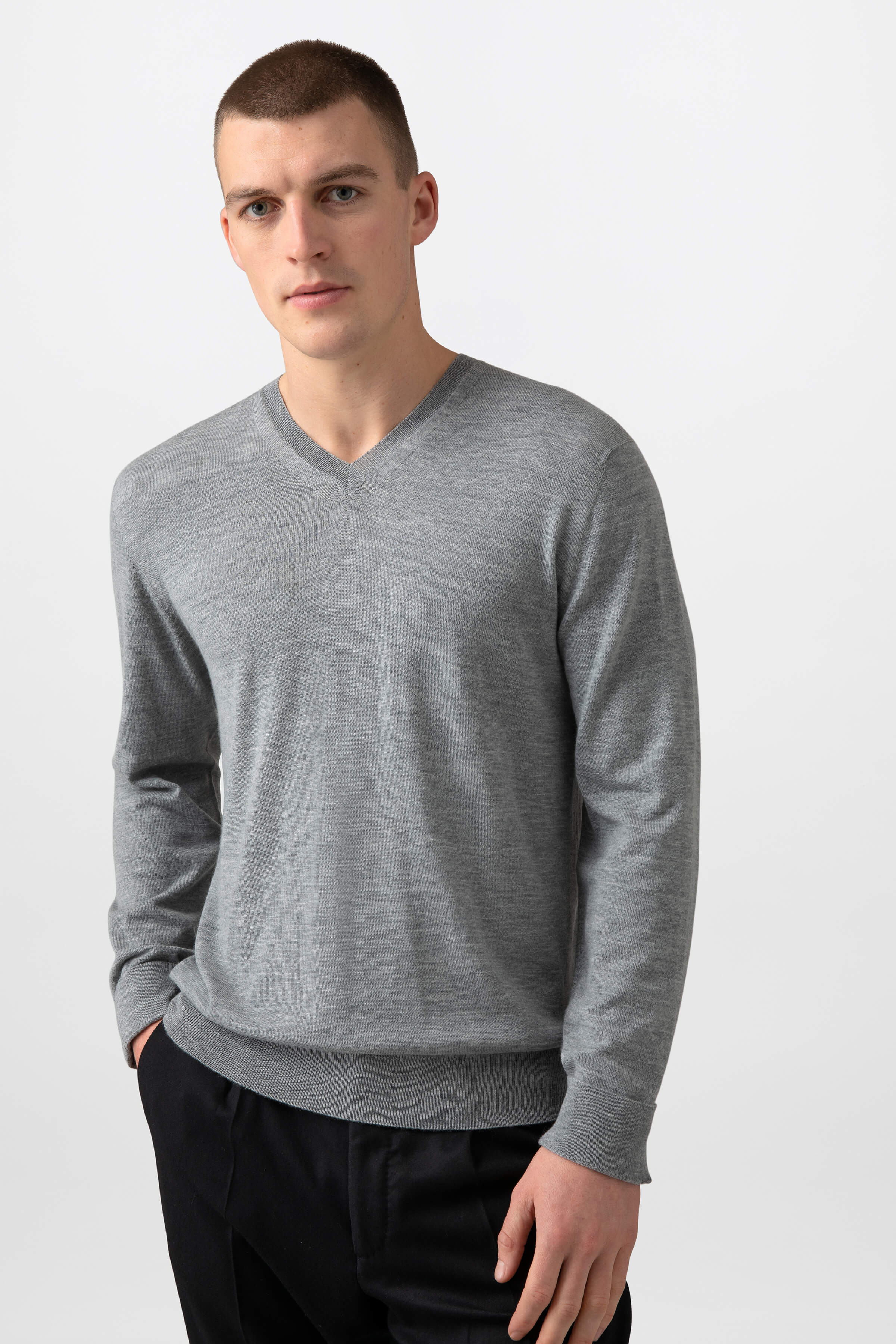 Johnstons of Elgin - Superfine Merino V Neck Light Grey Jumper