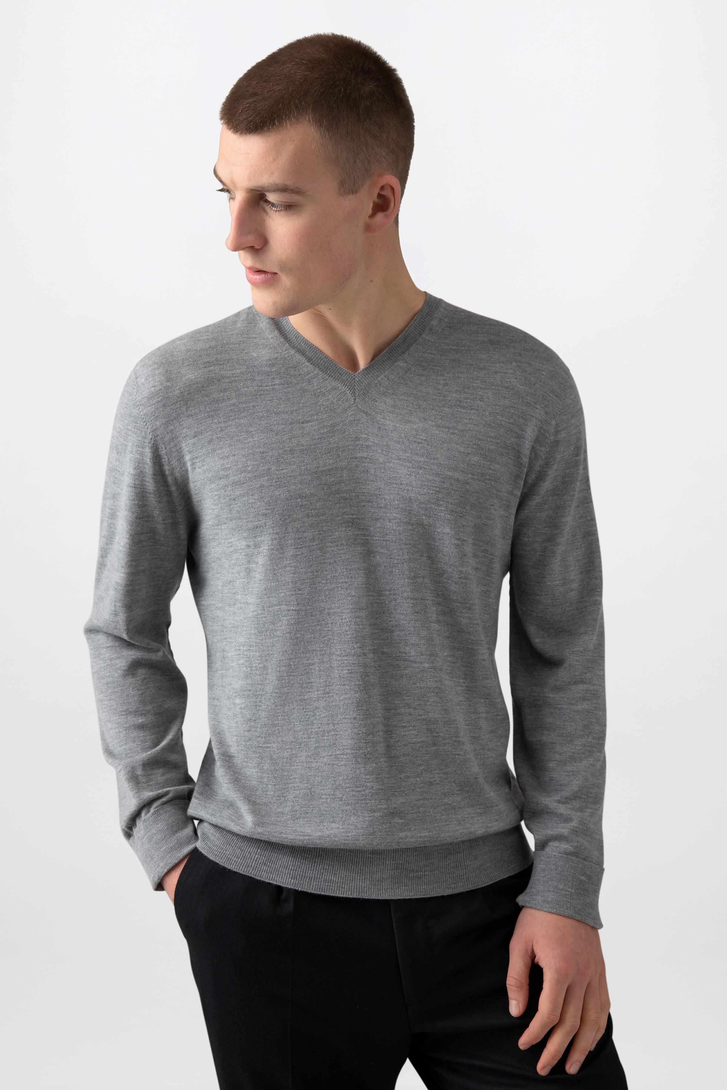Johnstons of Elgin - Superfine Merino V Neck Light Grey Jumper