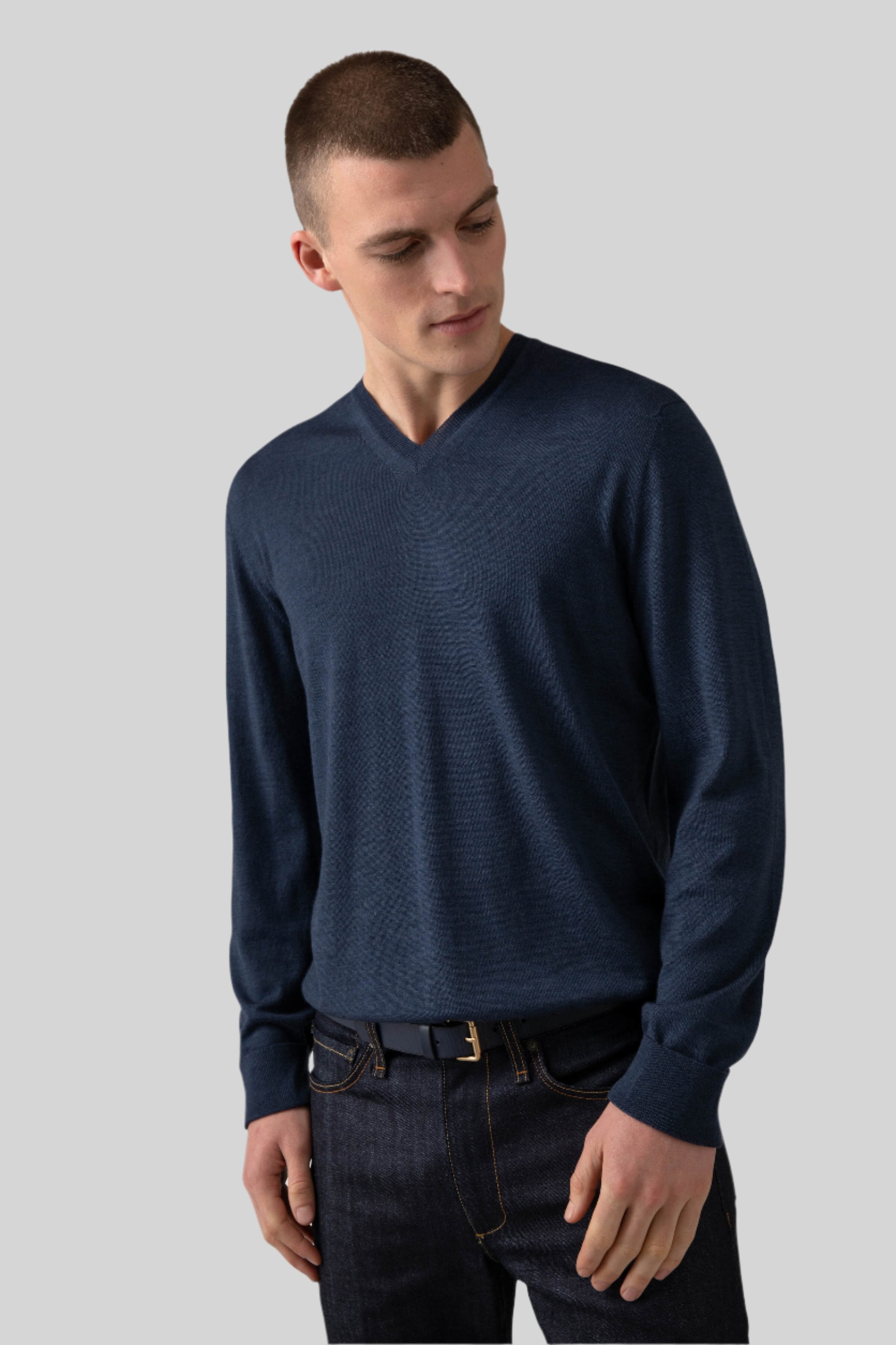 Johnstons of Elgin - Superfine Merino V Neck Mid Blue Jumper