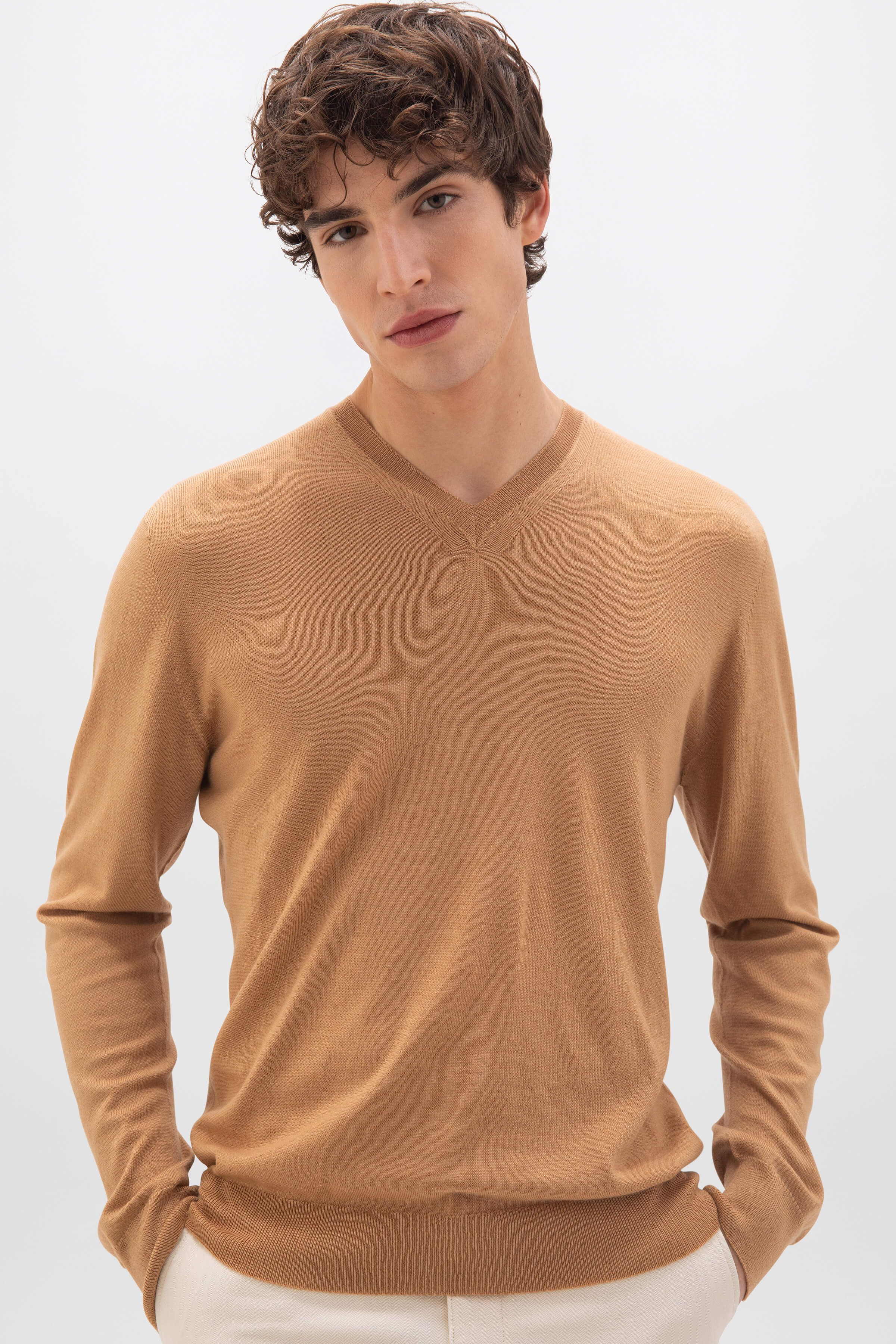 Johnstons of Elgin - Superfine Merino V Neck Camel Jumper