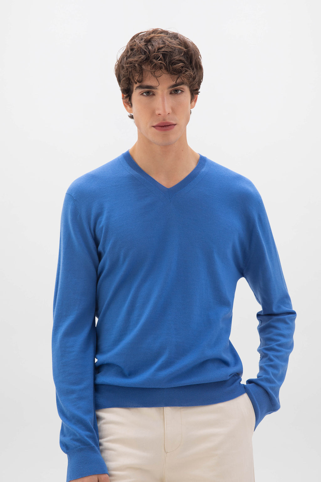 Johnstons of Elgin - Superfine Merino V Neck Blue Jumper