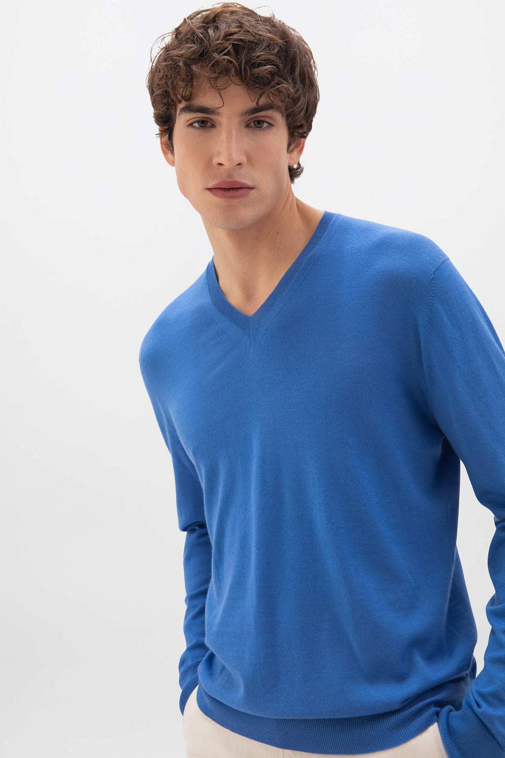 Johnstons of Elgin - Superfine Merino V Neck Blue Jumper
