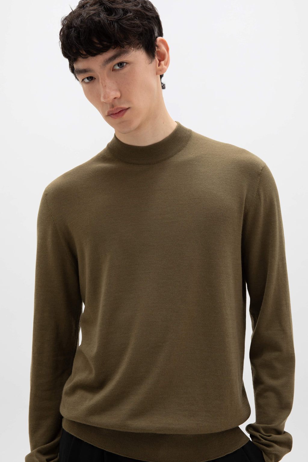 Johnstons of Elgin - Mock Turtle Neck Merino Olive Green Jumper