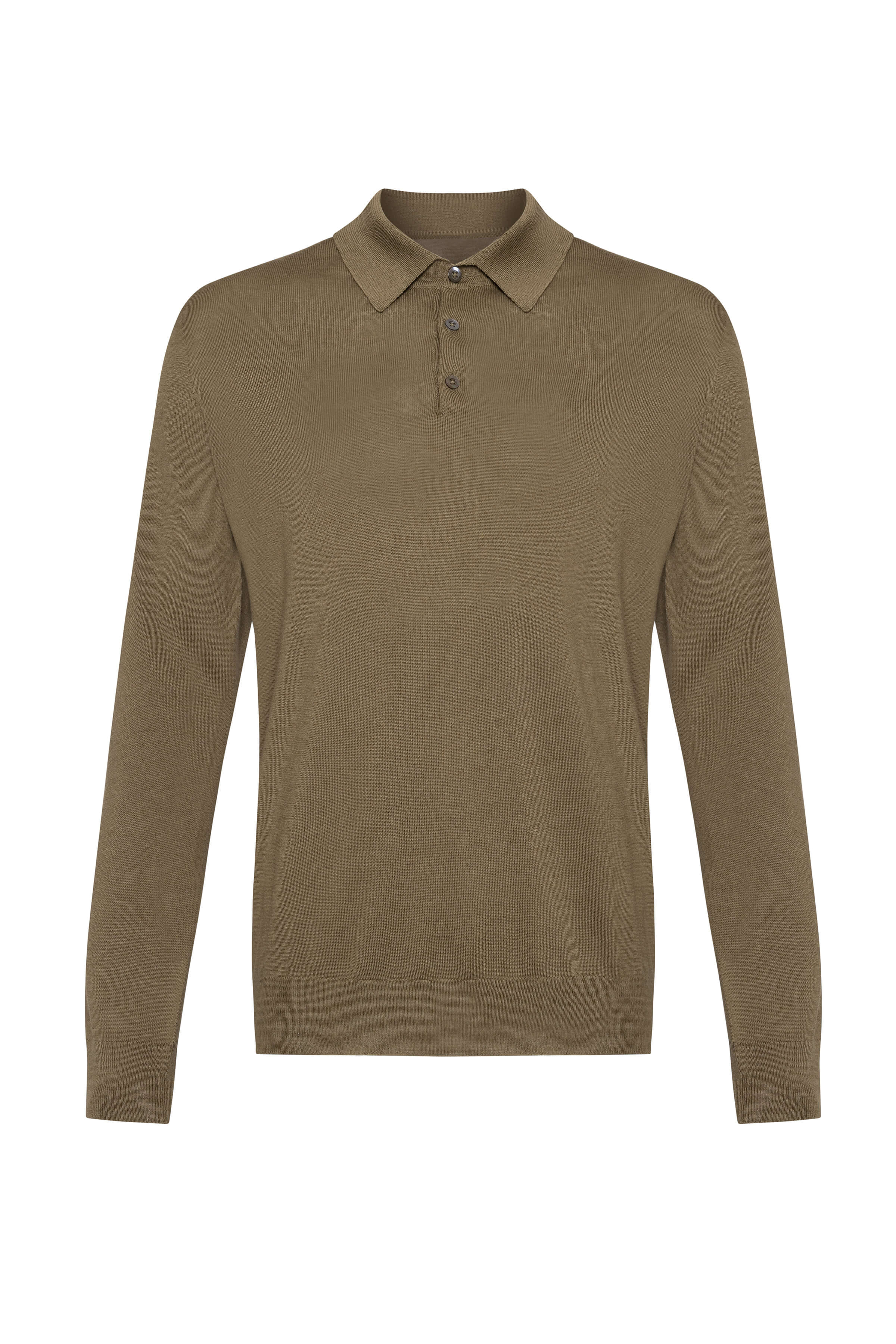 Johnstons of Elgin - Merino Long Sleeve Olive Green Poloshirt