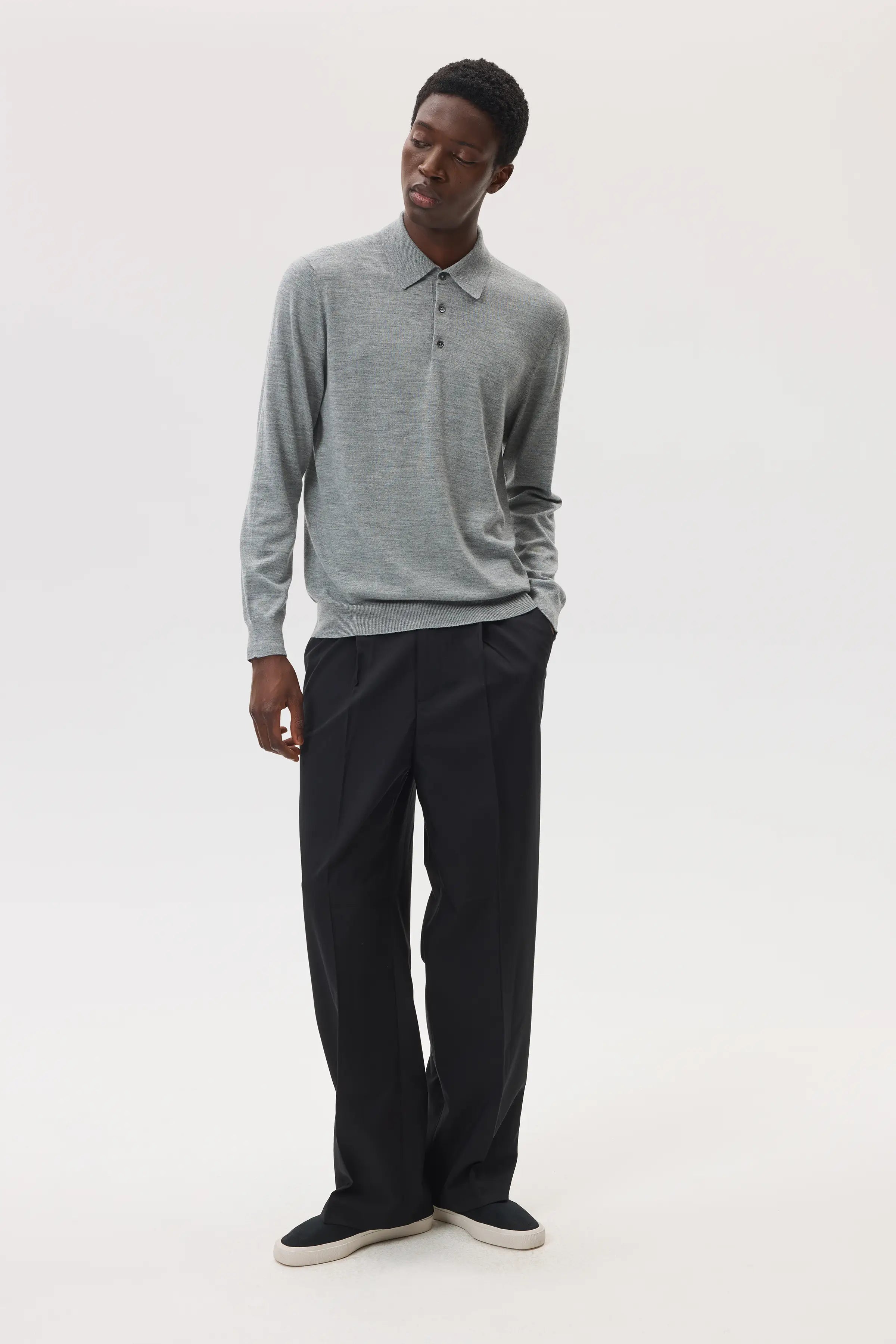 Johnstons of Elgin - Merino Long Sleeve Light Grey Polo Shirt